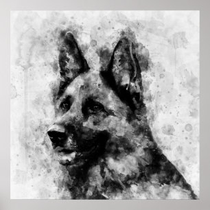 Póster Perro pastor alemán acuarela negro y blanco