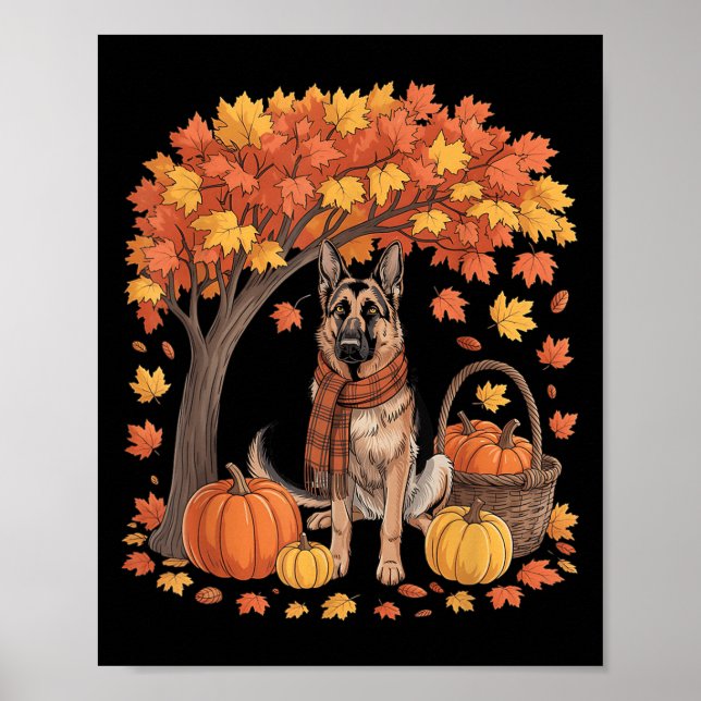 Póster Perro Pastor Alemán Bufanda de Otoño Calabaza Más  (Frente)
