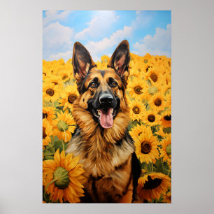 Póster Perro pastor alemán en girasoles