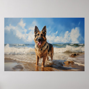 Póster Perro pastor alemán en la playa