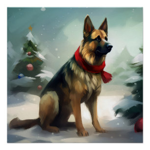 Póster Perro pastor alemán en Navidad con nieve