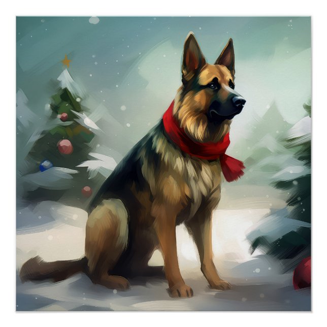 Póster Perro pastor alemán en Navidad con nieve (Anverso)