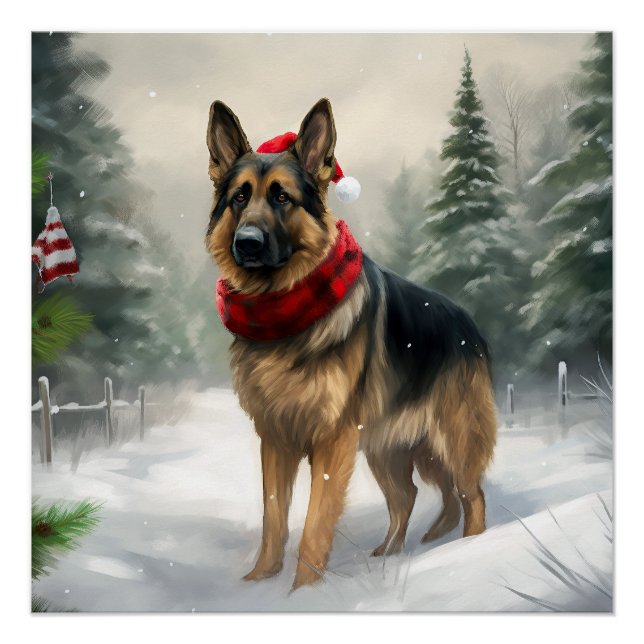 Póster Perro pastor alemán en Navidad con nieve (Anverso)