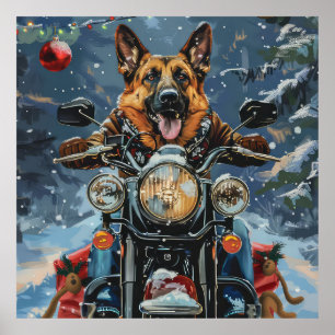Póster Perro Pastor Alemán montando motocicleta en Navida