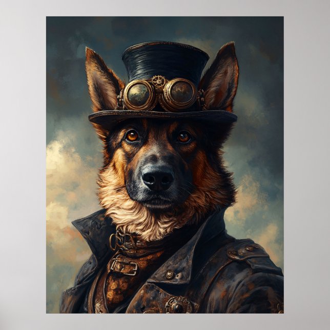 Póster Perro pastor alemán steampunk con sombrero de copa (Frente)