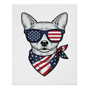 Póster Perro Patriótico con Gafas de Sol de Bandera Vecto