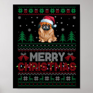 Póster Perro Pekín adora Santa Hat Árbol de Navidad