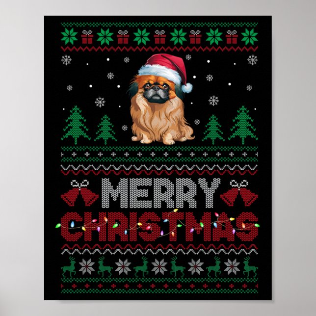 Póster Perro Pekín adora Santa Hat Árbol de Navidad (Frente)