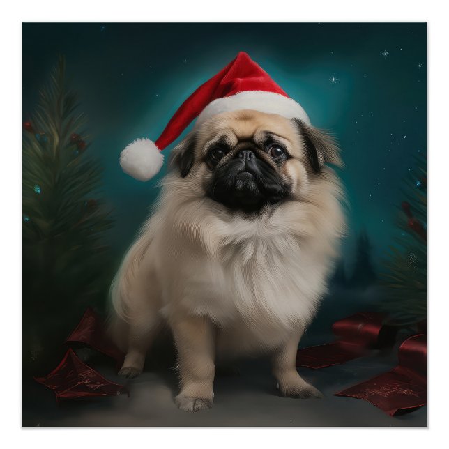 Póster Perro pekinés en Navidades de nieve (Anverso)