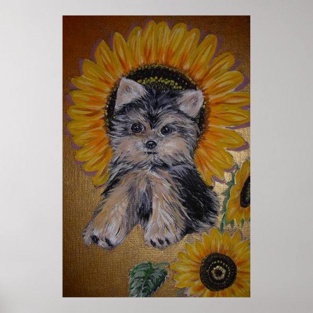 Póster Perro pequeño y girasoles bonitos (Frente)