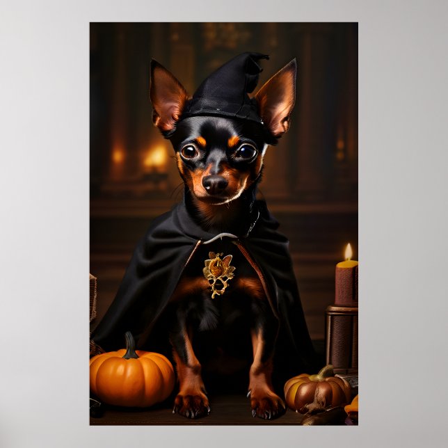 Póster Perro Pinscher en miniatura en una fiesta de Hallo (Frente)