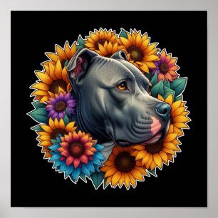 Póster Perro Pitbull rodeado de girasoles vibrantes