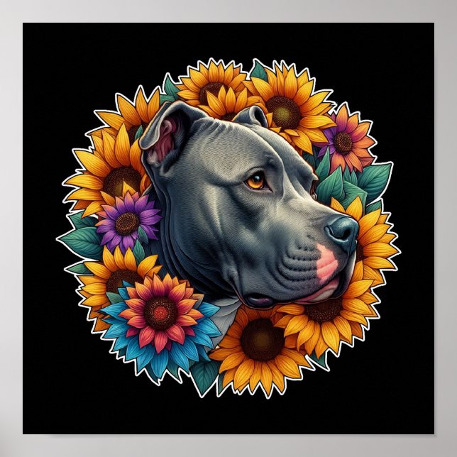 Póster Perro Pitbull rodeado de girasoles vibrantes (Frente)
