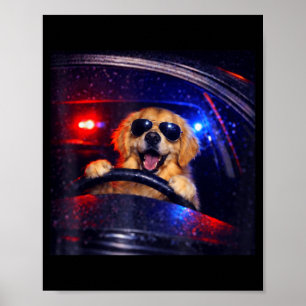 Póster perro policía divertido golden retriever conducien