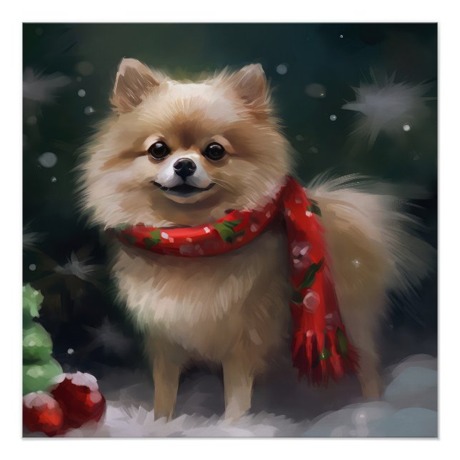 Póster Perro Pomerania en Navidad con Nieve (Anverso)