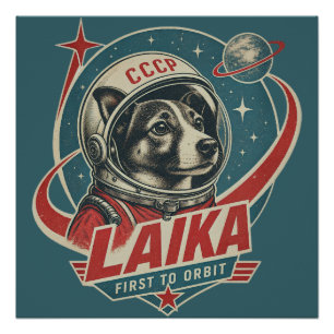 Póster Perro Primero en Orbitar Retro Vintage Astronauta