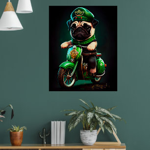 Póster Perro Pug conduciendo bicicleta día de San Patrici