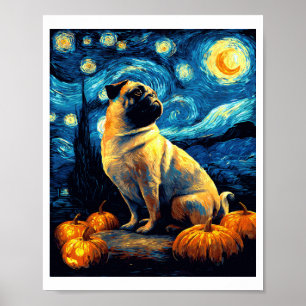Póster Perro Pug de la noche estrellada de van gogh hallo