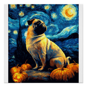 Póster Perro Pug de la noche estrellada de van gogh hallo