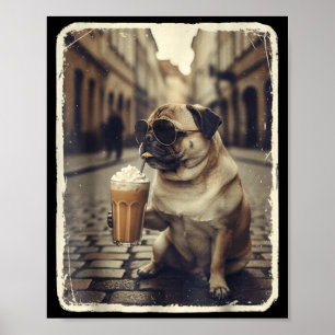 Póster Perro pug divertido bebiendo café helado animal me
