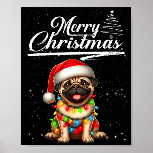 Póster Perro Pug Divertido Luces de Navidad Sombrero de S