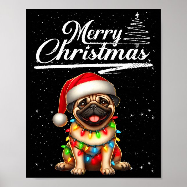 Póster Perro Pug Divertido Luces de Navidad Sombrero de S (Frente)