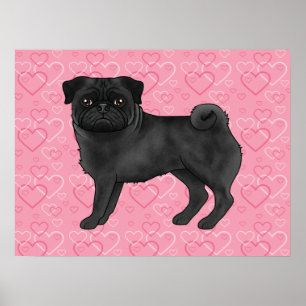 Póster Perro Pug Negro Patrón de Corazones de Amor en Ros