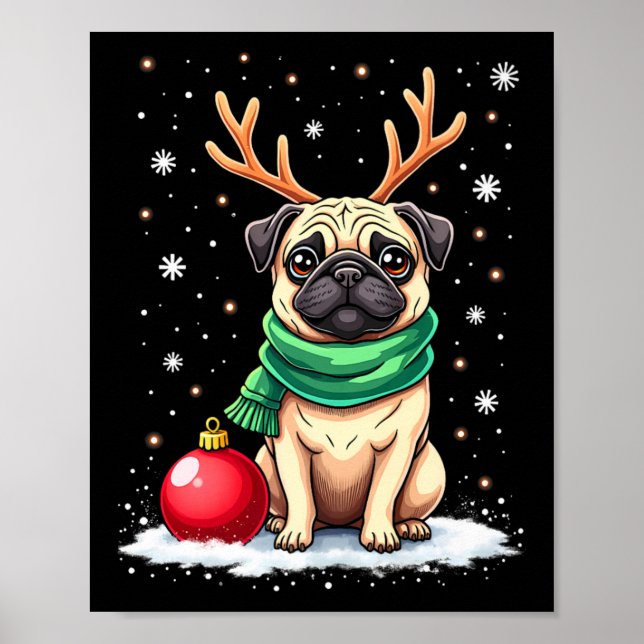 Póster Perro pug reno Navidad Perro amante Familia gracio (Frente)