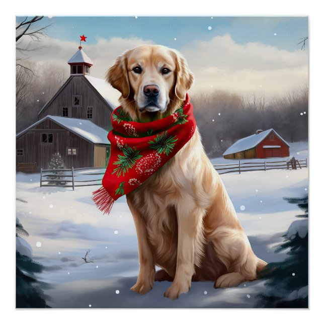 Póster Perro recuperador de oro en Navidades de nieve (Anverso)