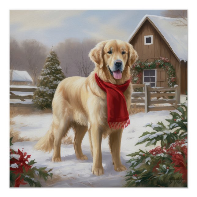 Póster Perro recuperador de oro en Navidades de nieve (Anverso)