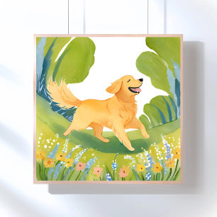 Póster Perro Retriever Dorado Feliz   Pintura Ligera de A