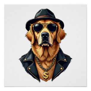 Póster Perro Retriever Dorado Vintage Genial con Gafas de