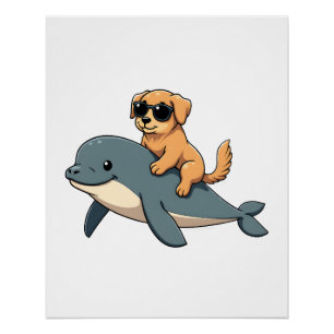 Póster Perro Retriever Dorado Vintage Montando Ballena Be
