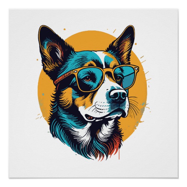 Póster Perro Retro con gafas de sol (Anverso)