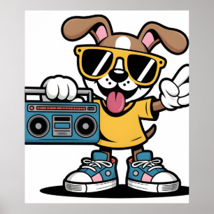 Póster Perro Retro Hip Hop: Cool Cartoon Puppy 