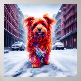 Póster Perro rojo caminando por la nieve calle de inviern