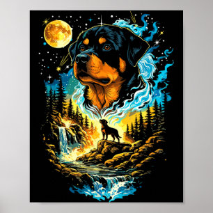 Póster Perro Rottweiler aullando a la luna divertido vint