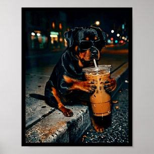 Póster Perro rottweiler bebiendo café helado divertido an