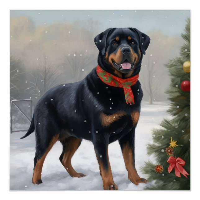 Póster Perro Rottweiler en Navidad con Nieve (Anverso)
