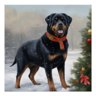 Póster Perro Rottweiler en Navidades de Nieve