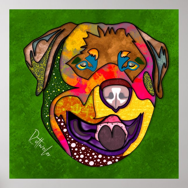 Póster Perro Rottweiler loco cara pintado a mano (Frente)