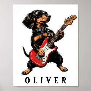 Póster Perro salchicha Cool Rocker tocando guitarra eléct