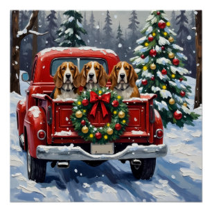 Póster Perro Salchicha Navidad Camión Rojo Fiesta