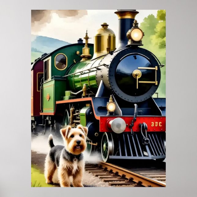 Póster Perro saludando tren de vapor (Frente)