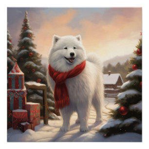 Póster Perro samoyano en Navidades de nieve
