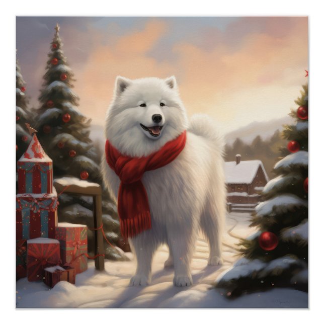Póster Perro Samoyedo en Navidad con Nieve  (Anverso)