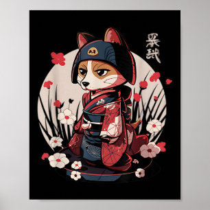 Póster Perro Samurai japonés Tattoo Kawaii Ninja Dog