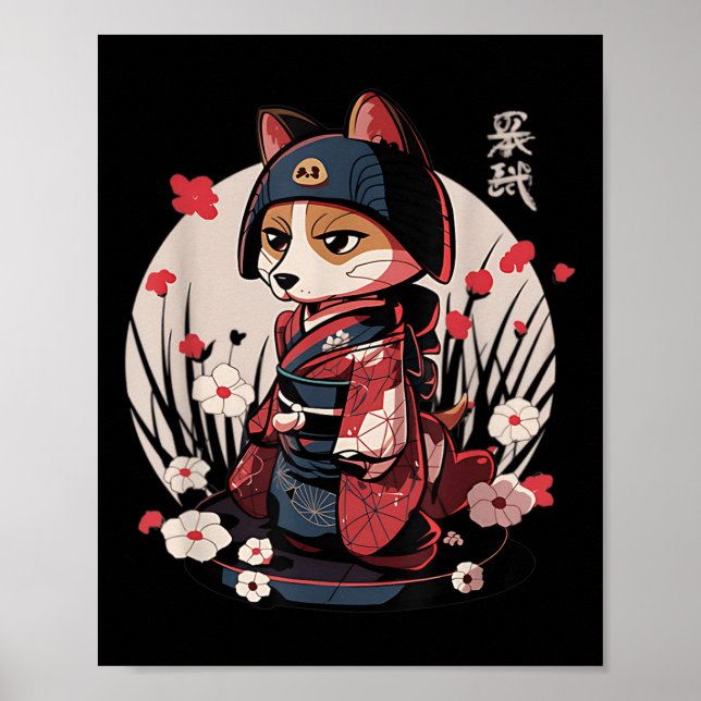 Póster Perro Samurai japonés Tattoo Kawaii Ninja Dog (Frente)