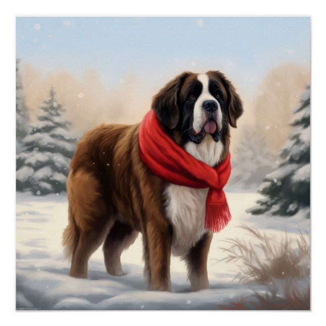 Póster Perro San Bernardo en Navidad con Nieve (Anverso)