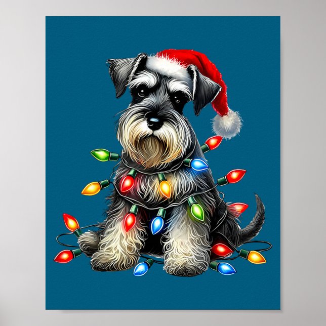Póster Perro Schnauzer de Navidad Sombrero de Santa Luz d (Frente)